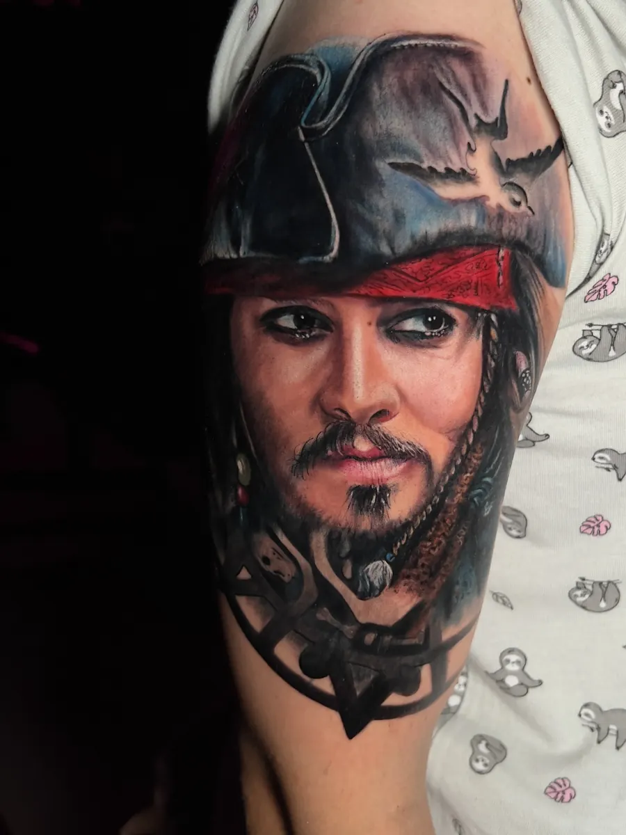 Colour realism pirate portrait tattoo by Vladimir Vishar