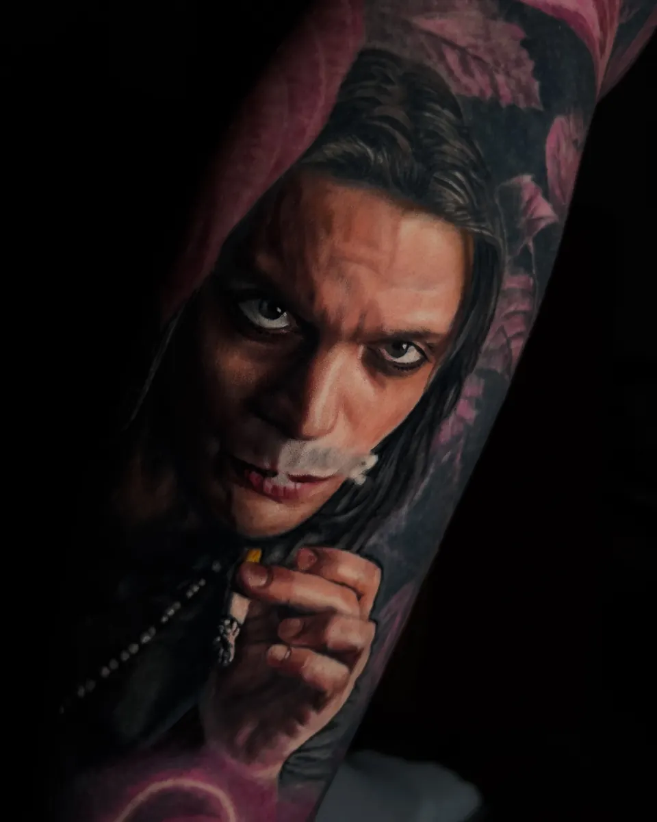 Dark colour realism male portrait tattoo by Vladimir Vishar