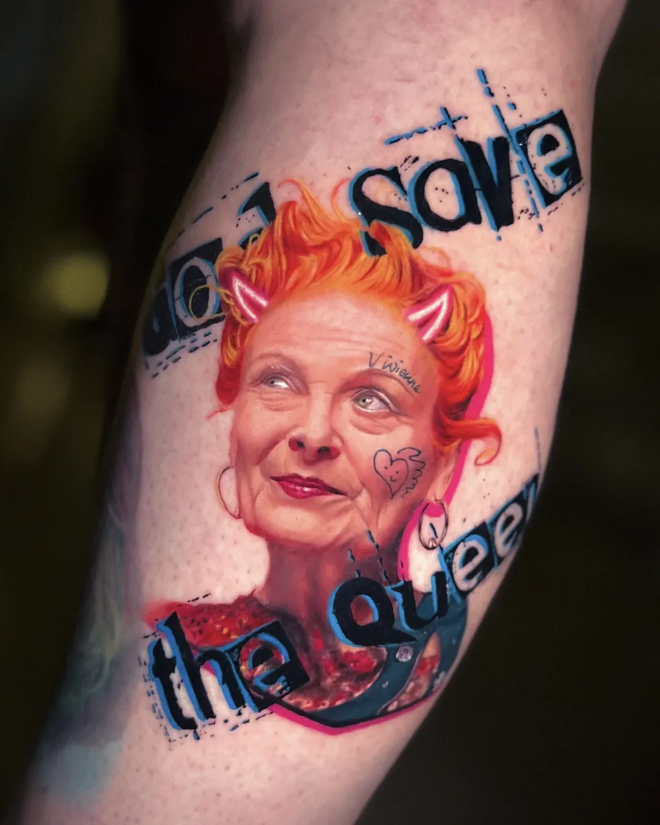 Colour realism Vivienne Westwood portrait tattoo by Vladimir Vishar
