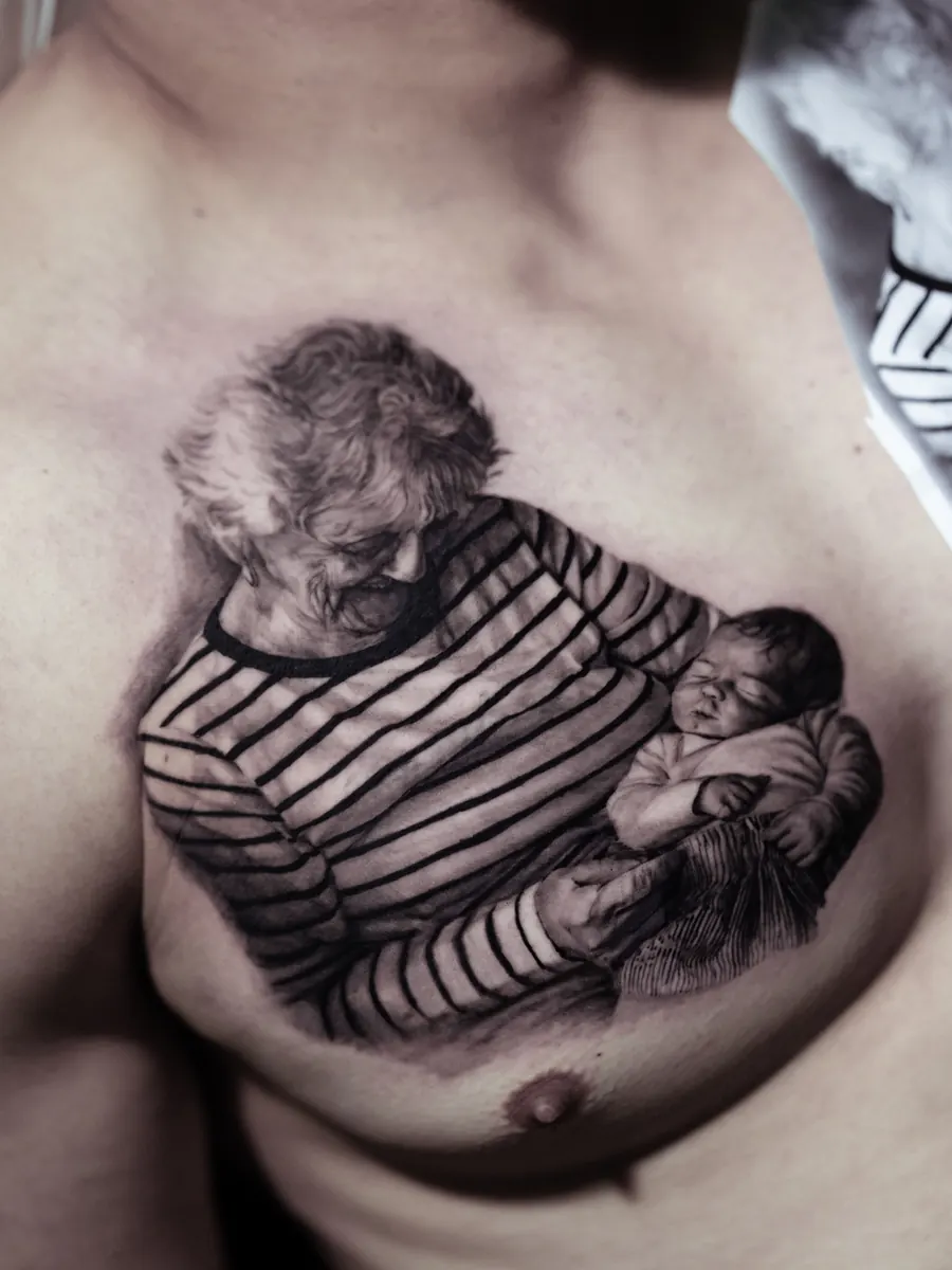 Black and grey family portrait tattoo by Vladimir Vishar