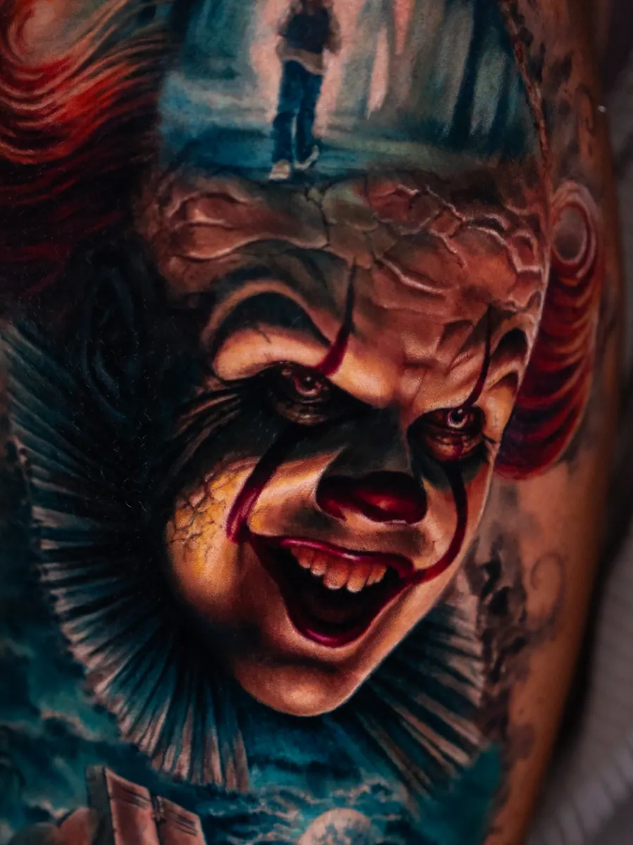 Colour realism horror clown portrait tattoo by Vladimir Vishar