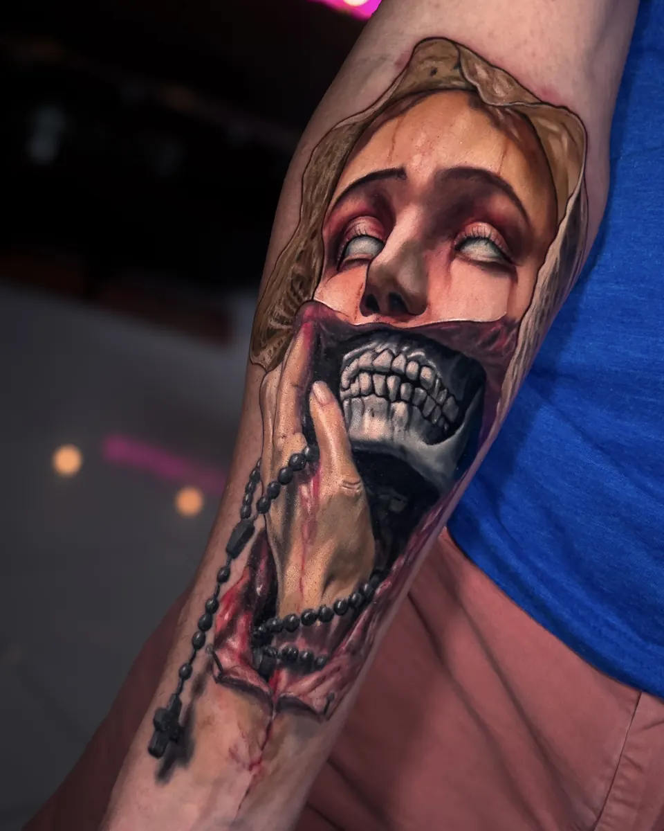 Black and grey masked female portrait tattoo by Vladimir Vishar
