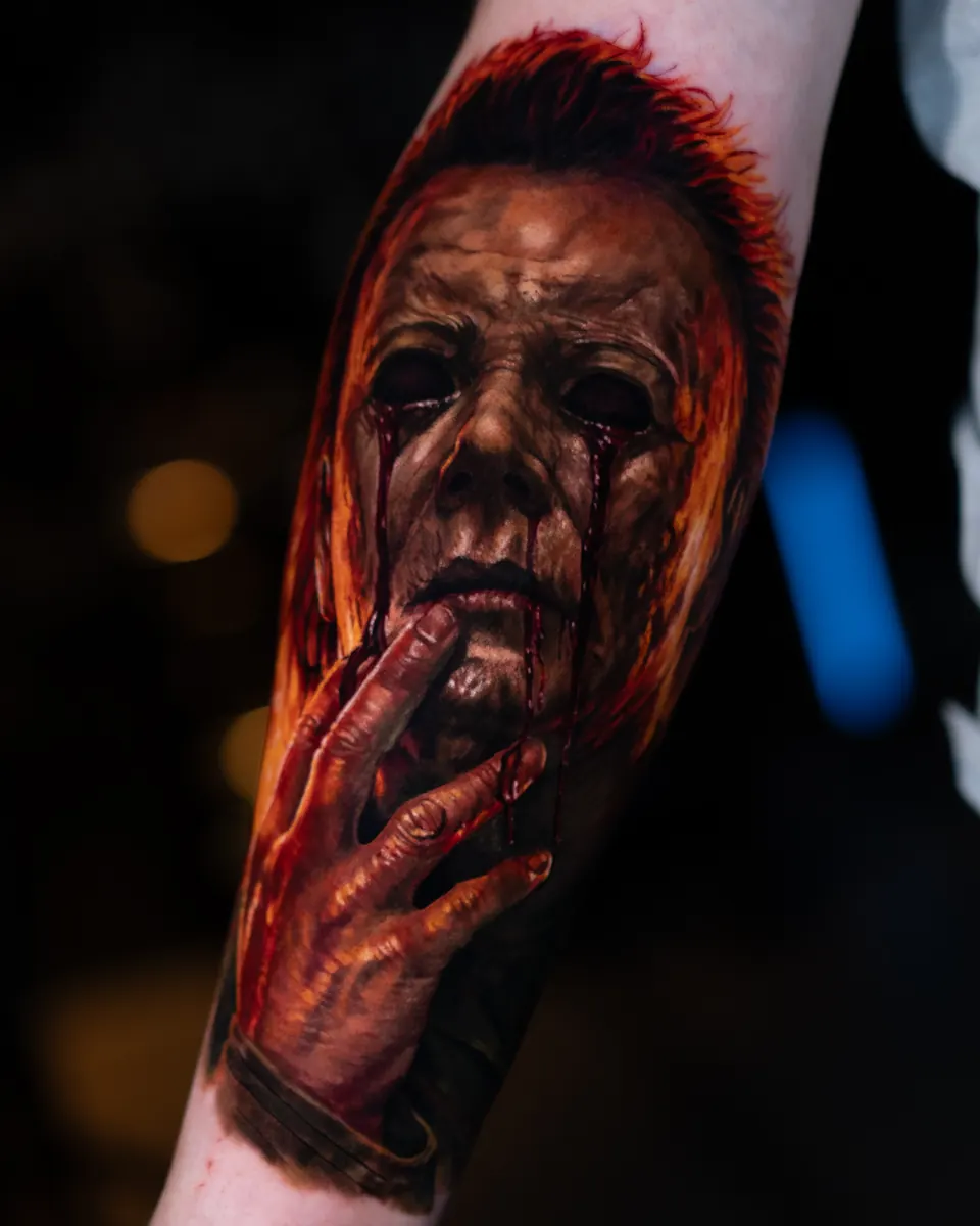 Dark colour realism older male portrait tattoo by Vladimir Vishar