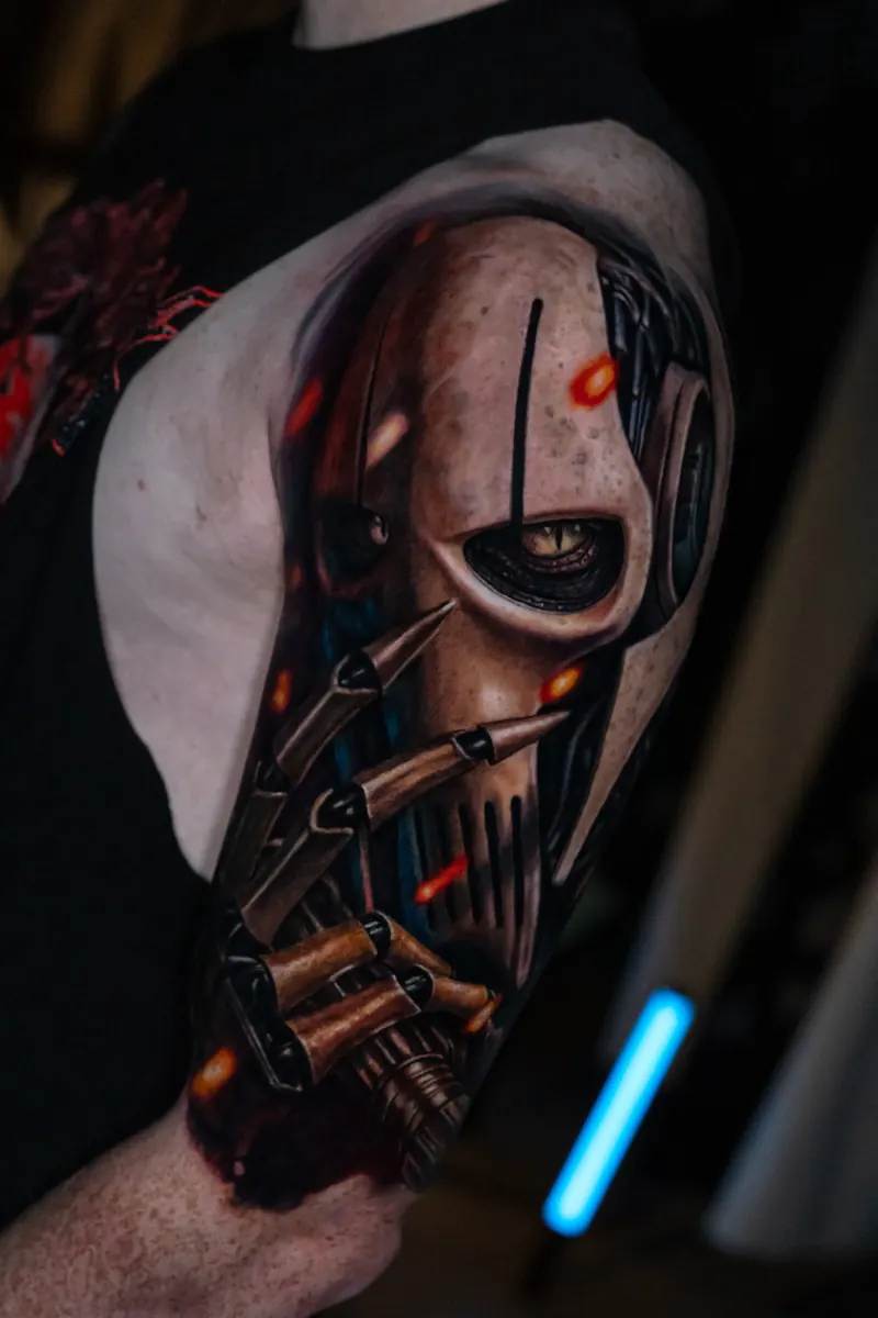 Dark realism masked portrait tattoo by Vladimir Vishar