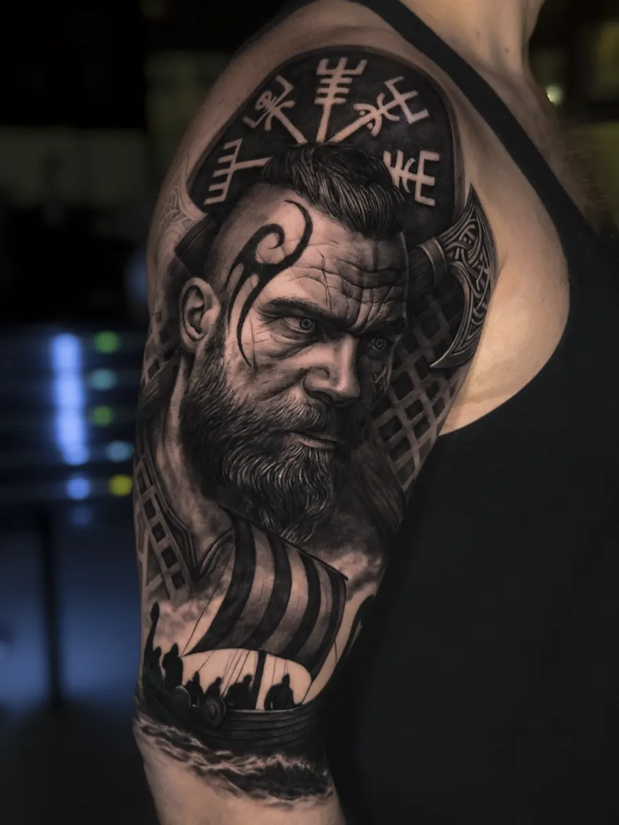 Black and grey bearded historical portrait tattoo by Vladimir Vishar