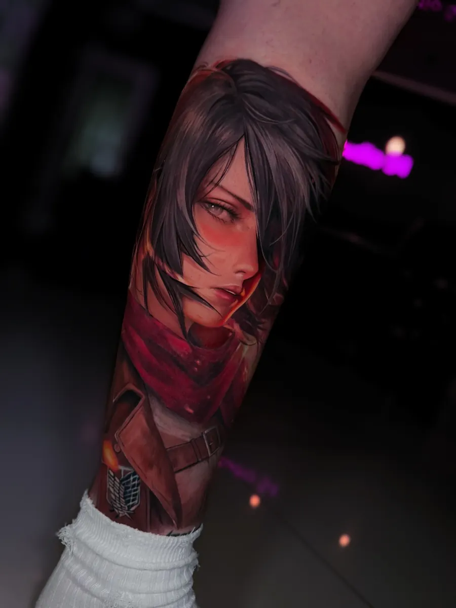 Colour realism illustrated female portrait tattoo by Vladimir Vishar