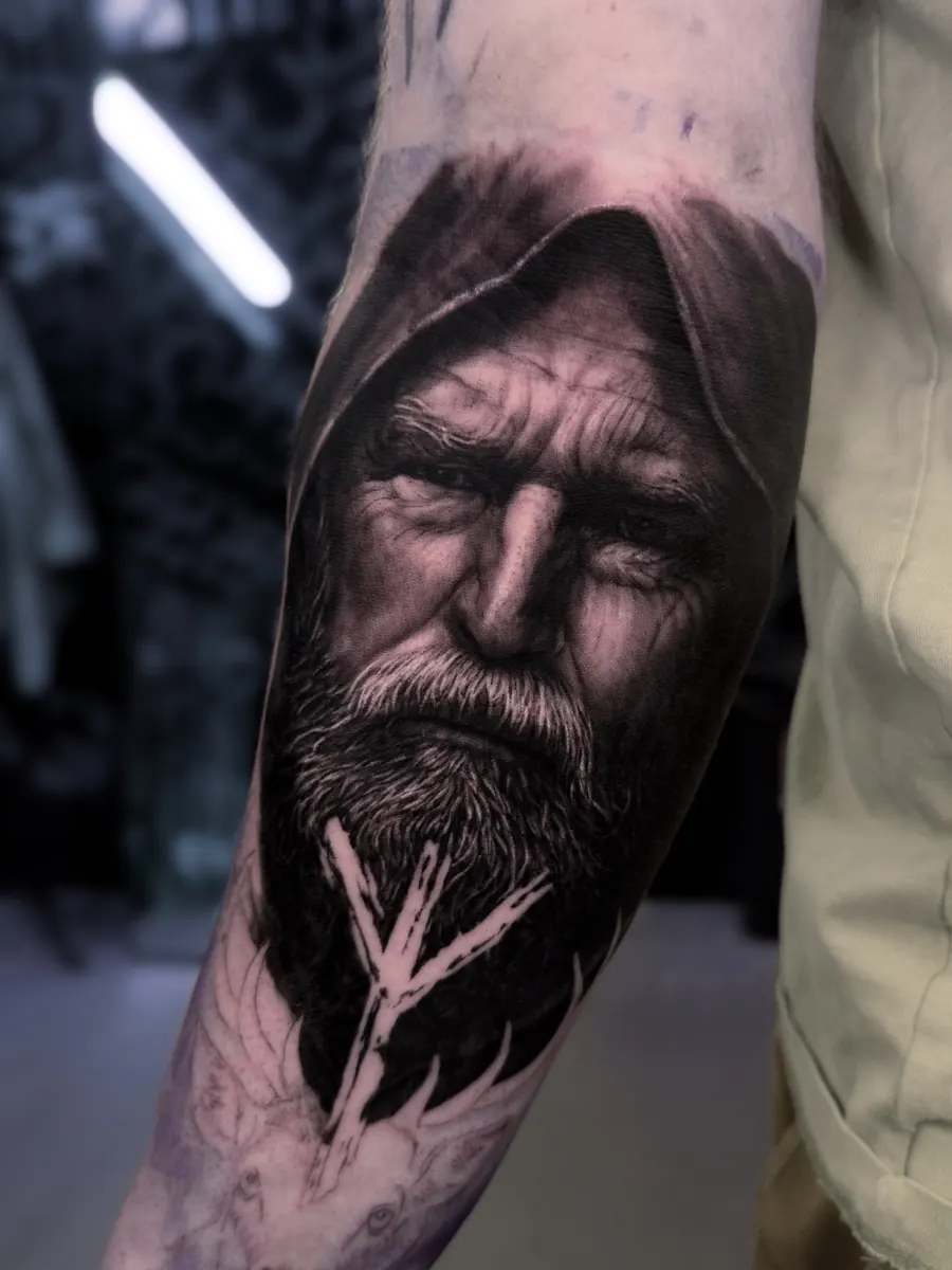 Black and grey realism warrior portrait tattoo by Vladimir Vishar